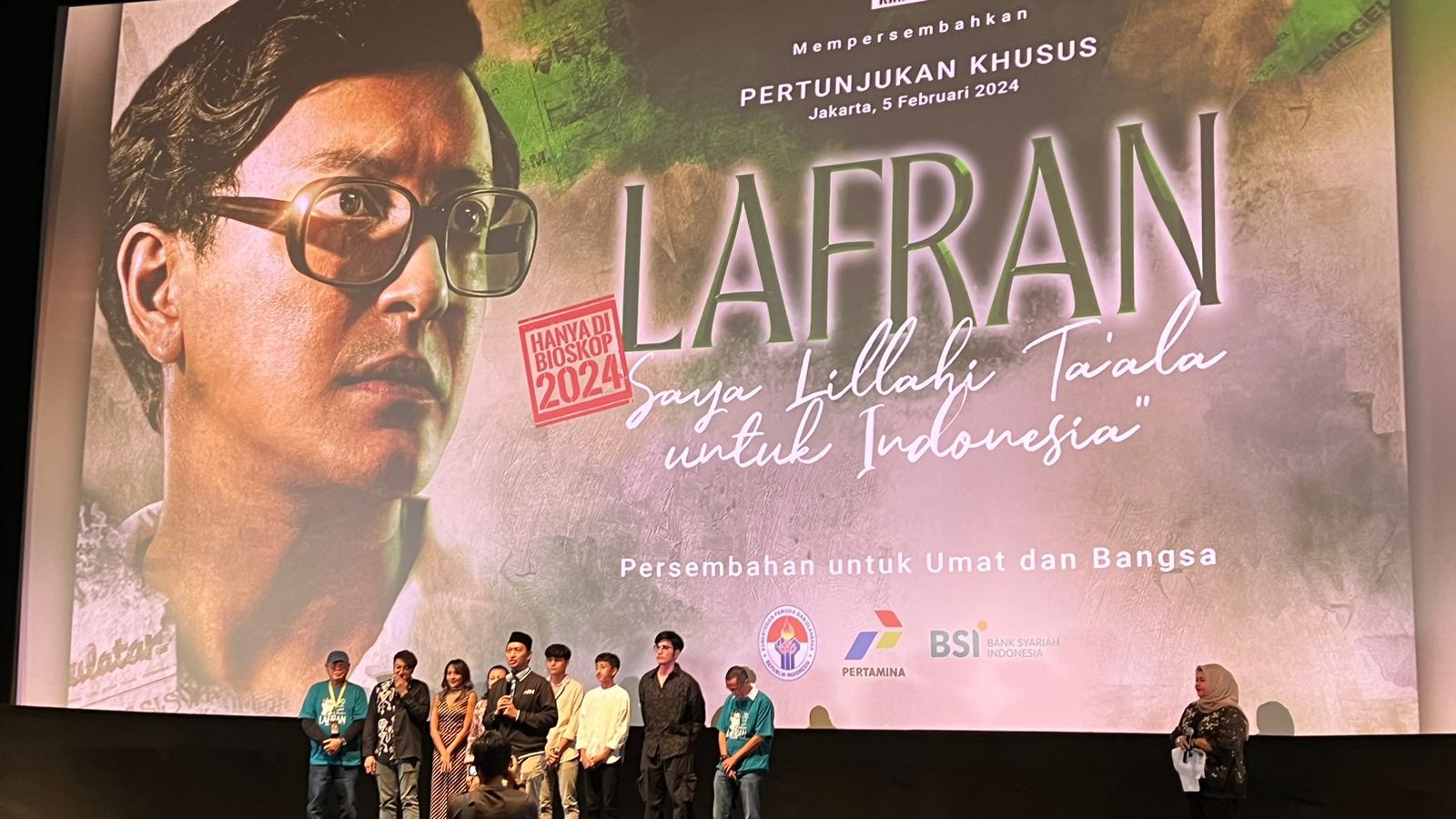 Majelis Nasional Korps Alumni Himpunan Mahasiswa Islam (MN KAHMI) bersama Reborn Initiative, melangsungkan pertunjukan khusus atau special screening film LAFRAN di Epicentrum XXI, Kuningan, Jakarta Selatan, Senin (12/2/2024).
