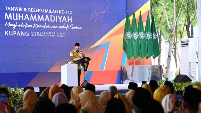 Prabowo Subianto pada Sidang Tanwir dan Resepsi Milad ke-112 Muhammadiyah di Universitas Muhammadiyah Kupang, Provinsi Nusa Tenggara Timur, Rabu (3/12/2024).
