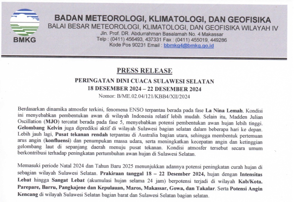 Badan Meteorologi, Klimatologi dan Geofisika (BMKG) Wilayah IV Makassar kembali mengeluarkan peringatan dini cuaca buruk bagi masyarakat di Sulawesi Selatan, Senin (16/12/2024).