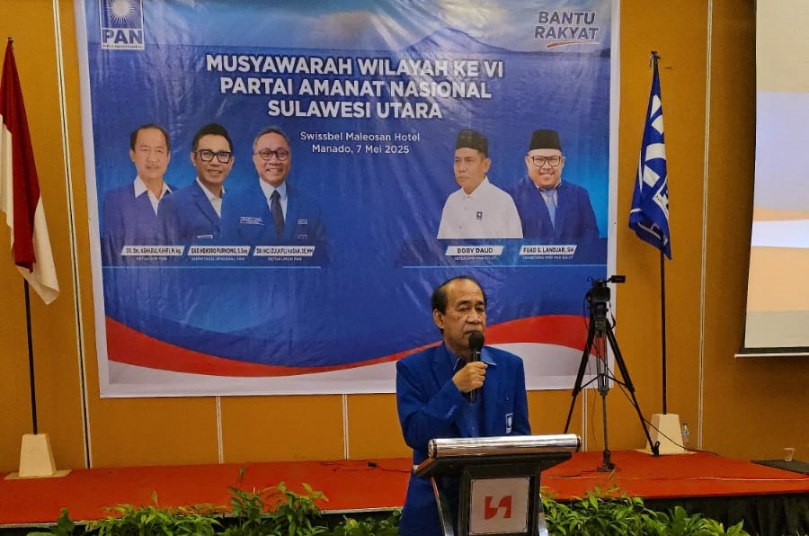 Ashabul Kahfi sebagai Ketua Formatur sekaligus Ketua DPW PAN Sulut dalam Musyawarah Wilayah (Musywil) di Hotel Swiss Bell Manado, Rabu (7/5/2025).